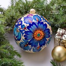 Handbemalte Weihnachtsbaumkugeln aus Holz mit blauem Muster 8 cm befüllbar