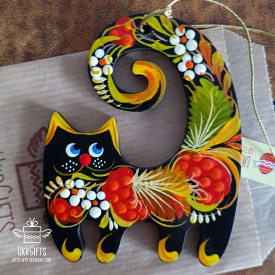 Black Cat wooden Christmas ornament, gift idea for Cat lovers, ukrainian art