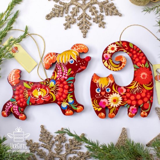 Funny Dog Christmas tree decoration with Ukrainian Petrykivka painting