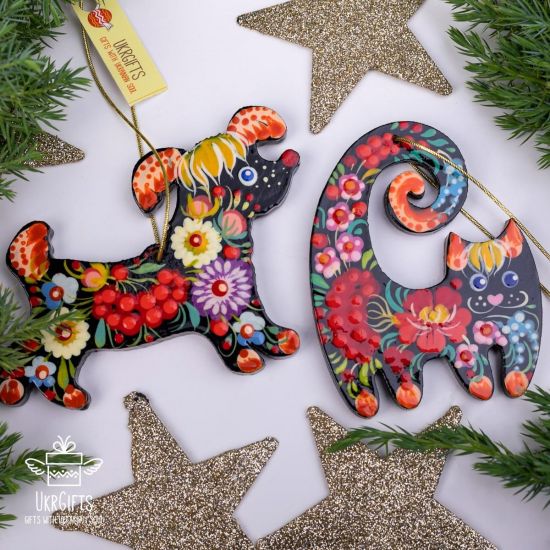 Katze und Hund  Weihnachtsschmuck Tiere aus Holz handbemalt