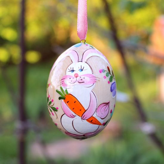 Painted Easter egg with the rabbit pattern, rustic handmade