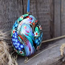 Hand painted Easter egg with bird - wooden ukrainian pysanka