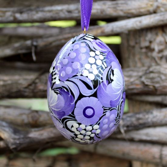 Purple hand painted with flowers wooden Easter egg, Ukrainian Pysanky