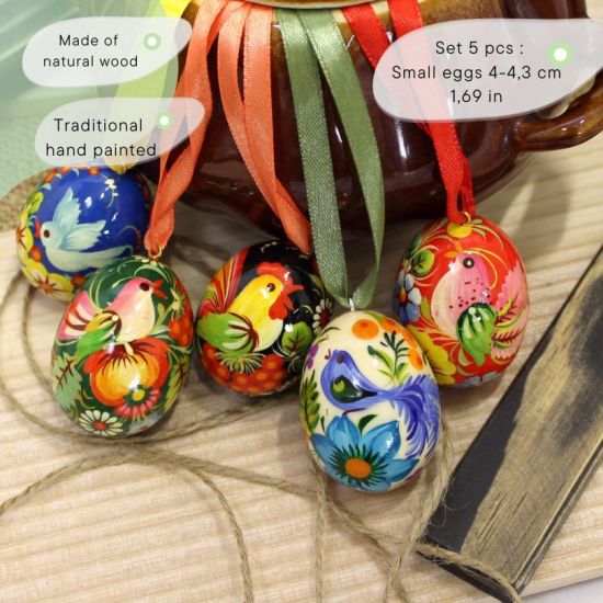 Mini Easter eggs to hang, set 5 pcs - small Ukrainian wooden eggs