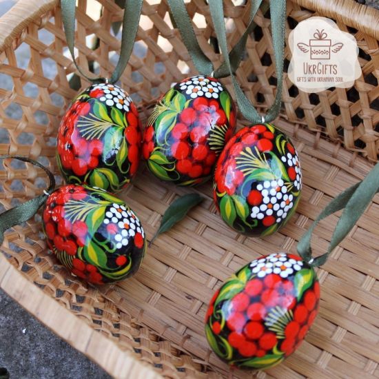 Mini eggs to hang, set with floral patterns - ukrainian wooden eggs