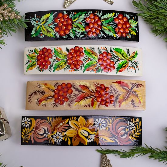 Ukrainian Hair clips - wooden hand painted hair accessory with pattern Chervona kalyna