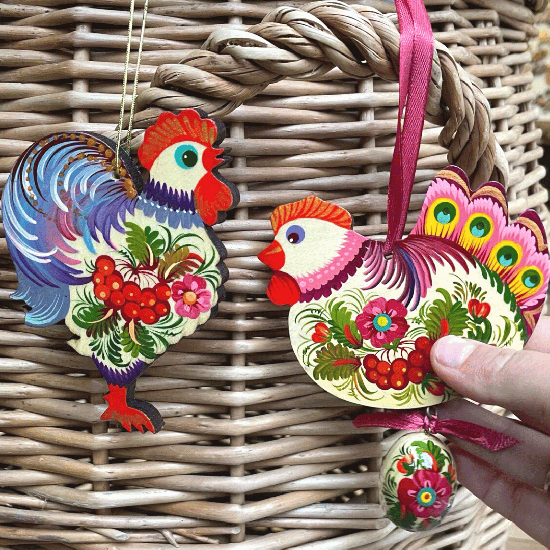 Hand painted Easter ornaments set - Easter chicken with egg and rooster decoration