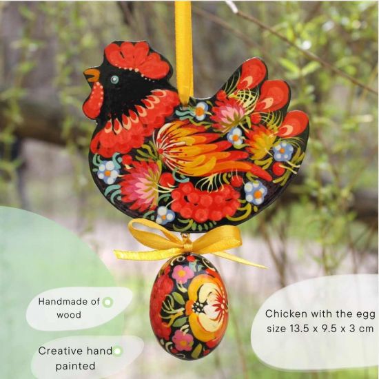 Easter ornament, black chicken with easter egg, ukrainian Petrykiwka painting