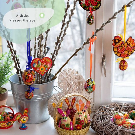 Easter basket with funny Easter rabbits and 3 small Easter eggs made of wood