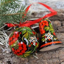 Hand painted Christmas ball and Christmas tree bell ornament made of wood
