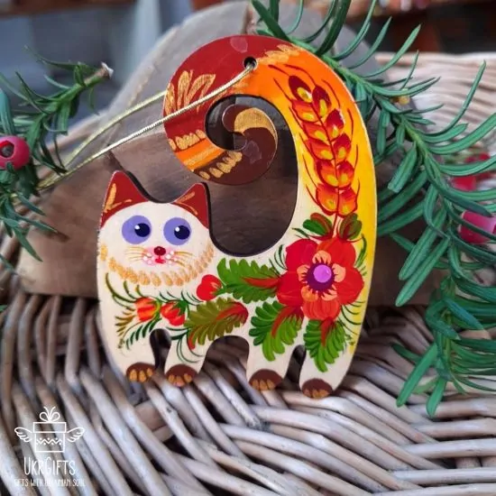 Nostalgischer Weihnachtsbaumschmuck - Katze, ukrainische Bauernmalerei