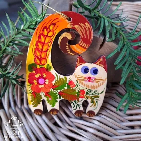 Nostalgic Christmas tree decorations - cat, Ukrainian painting