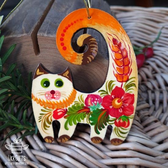 Ukrainian traditional painted Christmas decoration for cat lovers