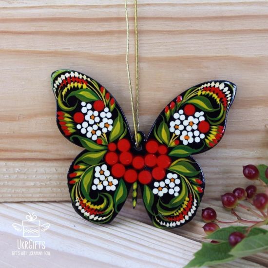 Christmas tree decoration butterfly made of wood painted according to Ukrainian tradition
