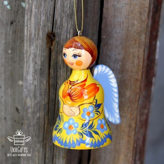 Ukrainischer Weihnachtsengel Christbaumschmuck Glocke aus Holz handbemalt
