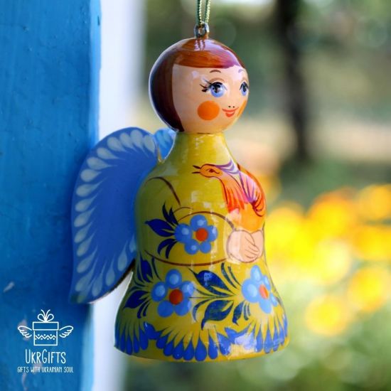 Ukrainian Christmas angel Christmas tree decoration Bell made of wood hand painted