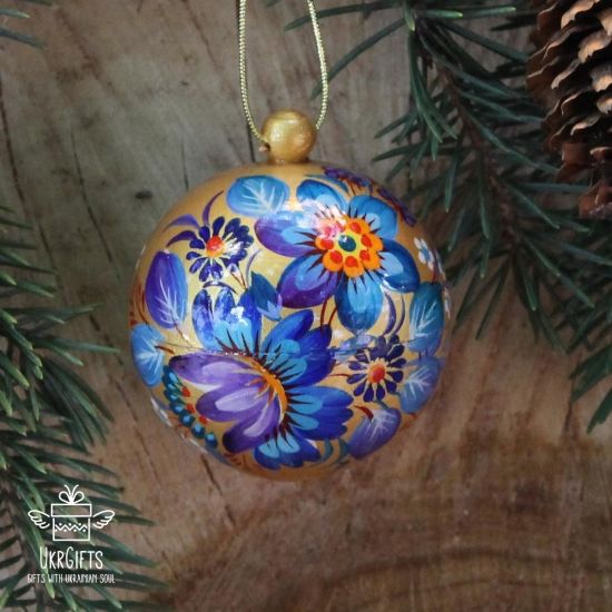 Hand painted Christmas balls -golden with blue, 5.5 cm
