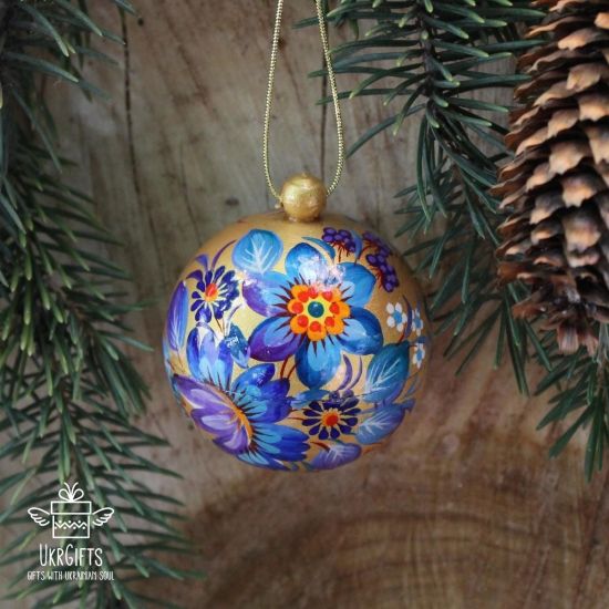 Nostalgische Weihnachtskugel handbemalt mit gold-blauem Muster, 5.5cm