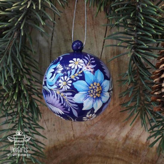 Blue Christmas ball with filigree flower pattern - 5.5cm