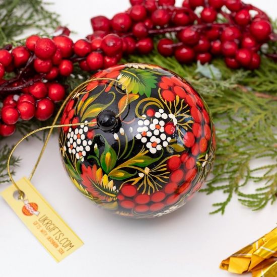 Hand painted Christmas ball and Christmas tree bell ornament made of wood