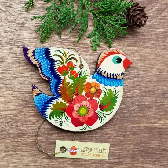 Wooden Christmas tree ornaments Bird with flower patterns