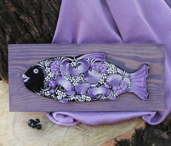 Fish - wooden wall decoration on lilac background, hand painted