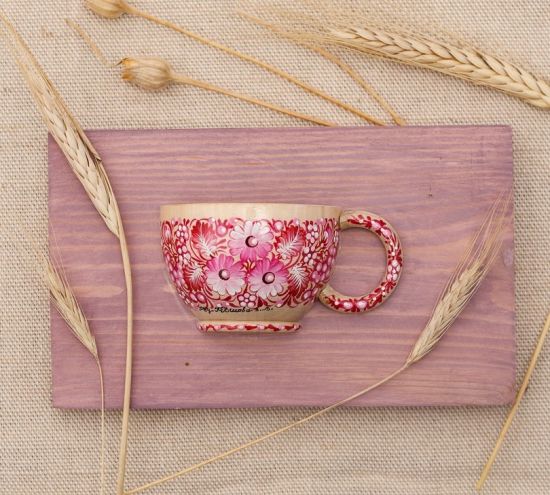 Beautiful wall art, wooden hanging cup with pink flowers