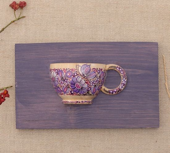 Pretty wooden wall decor, small hand painted cup
