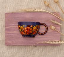 Small wall decoration, wooden hand painted cup, Petrykivka painting