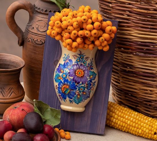 Small wooden art home decoration, hanging wall vase with ukrainian painting
