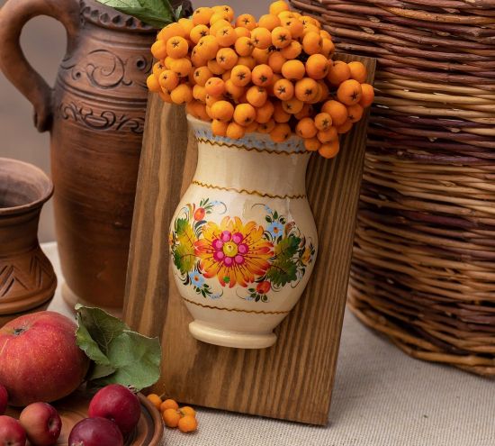 Wooden wall decor, small vase for dry flowers, ukrainian art