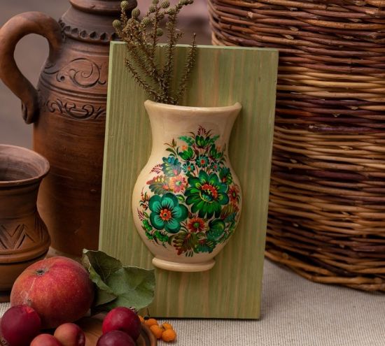 Small wooden art home decoration, hanging wall vase with green flowers