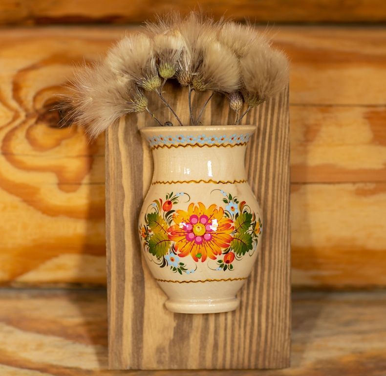 Wooden wall decor, small vase for dry flowers, ukrainian art