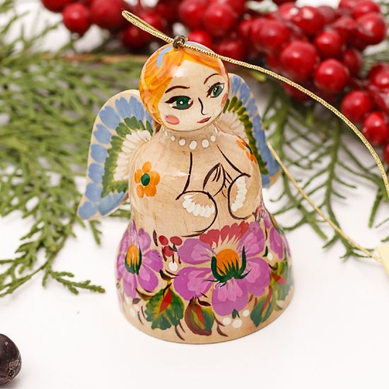 Angel bell Christmas ornament wooden hand painted in ukrainian style