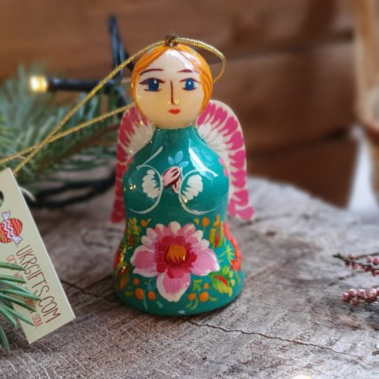 Christmas angel decoration and bell handmade of wood