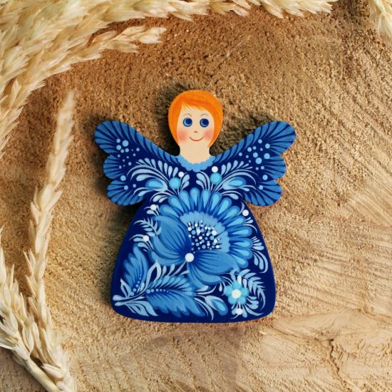 Angel wooden fridge magnet with blue pattern