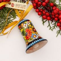 Wooden hand painted ethnic christmas bell decoration, Petrykivka painting