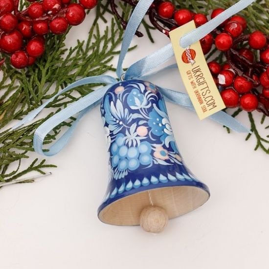 Hand painted Christmas bell, blue and white