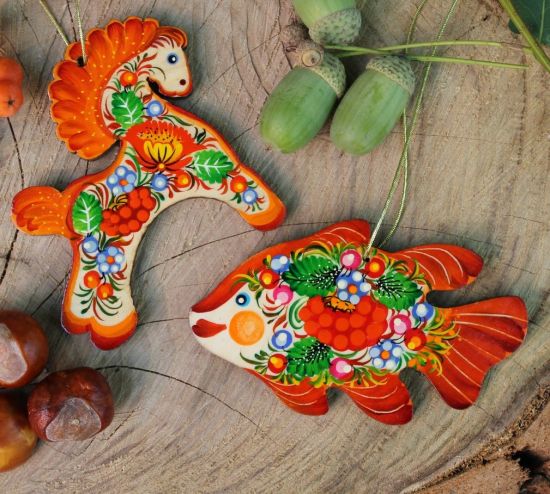 Christmas ornaments set- Horse and Fish- fine painted
