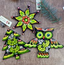 Hand painted wooden Christmas ornaments, set (Owl, Star and Christmas tree)