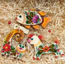Rustic wooden Christmas tree ornaments set (cat, fish, dog) hand painting