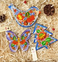 Wooden Christmas ornaments, set (Bird, Butterfly and Christmas tree) with hand painting