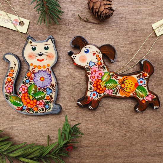 Christmas tree ornaments -cat and dog -hand painted wooden decorations