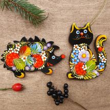 Christmas tree ornaments -funny cat and hegehog-hand painted wooden decorations