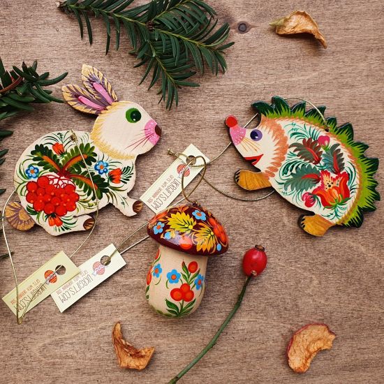 Hegehog, rabbit and mushroom - christmas tree ornaments -hand painted on wood