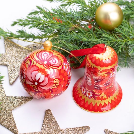 Exclusive Christmas tree ornaments- set, Christmas ball and bell, red-gold 