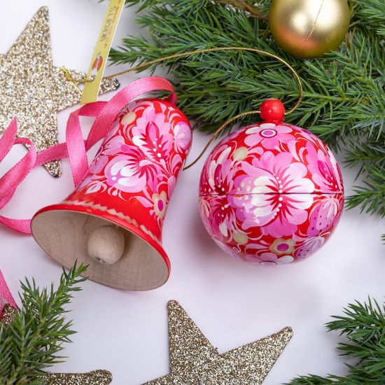 Hand painted Christmas tree ornaments- set, Christmas ball and bell, pink