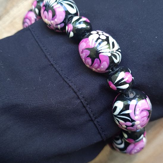 Wooden beaded bracelet with -black and pink, ukrainian folk wooden jewelry