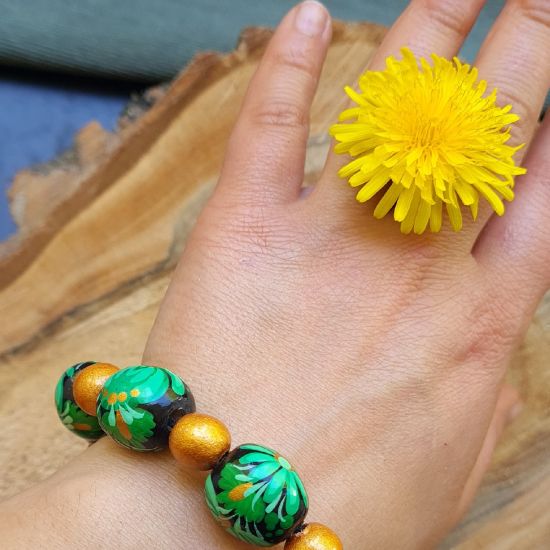 Wooden beaded bracelet with -green and gold, handmade folk wooden jewelry