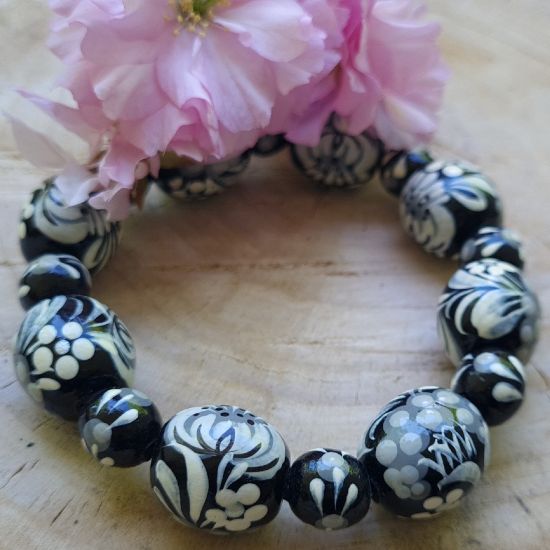 Wooden beaded bracelet with -black and grey, handmade folk wooden jewelry